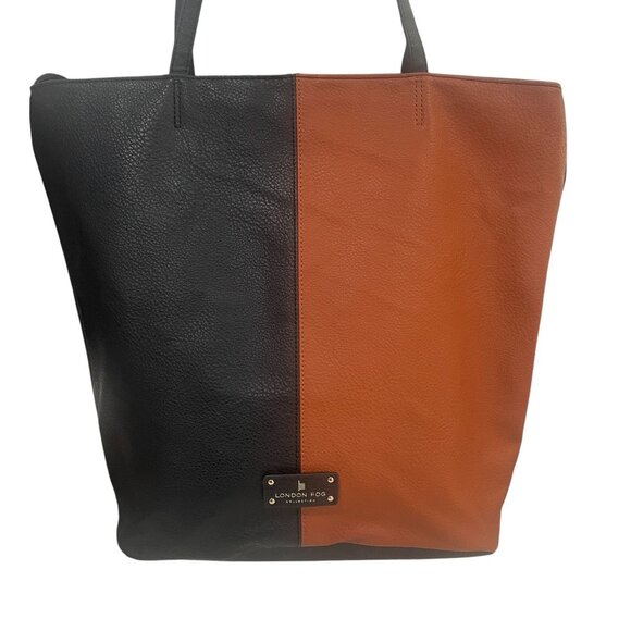 London Fog Tote Bag Black Brown Vegan Leather Shoulder Purse Work Carryall - Picture 7 of 10